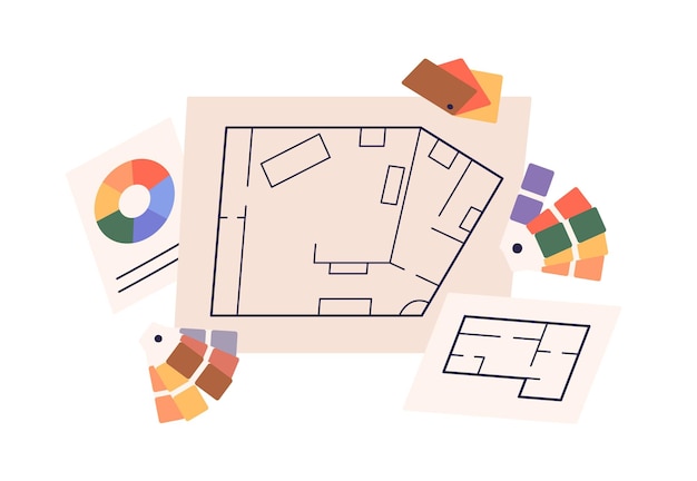 Apartment floor plan, layout and color wheels, palettes. House interior drawing, home project on paper and design colour samples, tools. Flat vector illustration isolated on white background.