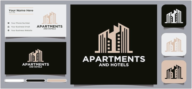 Apartment and hotel building construction logo with business card display and social media icons