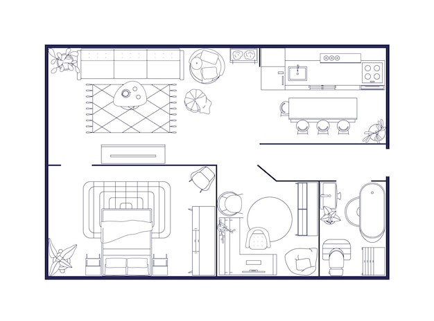 Apartment interior, floor plan. outlined floorplan, home with rooms, furniture. house design, map, layout overhead, above top view. contoured flat vector illustration isolated on white background