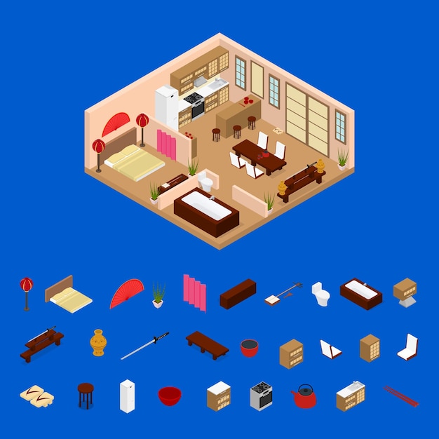 Apartment Japanese Style Interior with Furniture and Elements Isometric View Vector