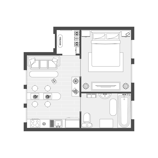 아파트 계획 마녀 가구 얇은 라인 인테리어 디자인 설정 평면도.