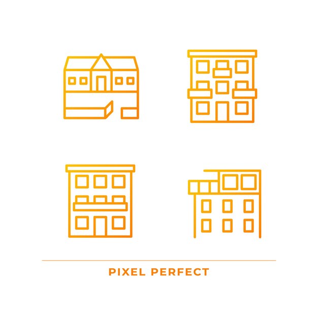 아파트 유형 픽셀 완벽한 그라데이션 선형 벡터 아이콘 세트