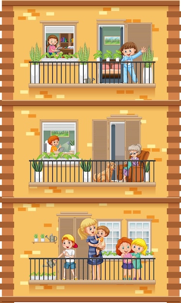 隣人の漫画のキャラクターとアパートの窓