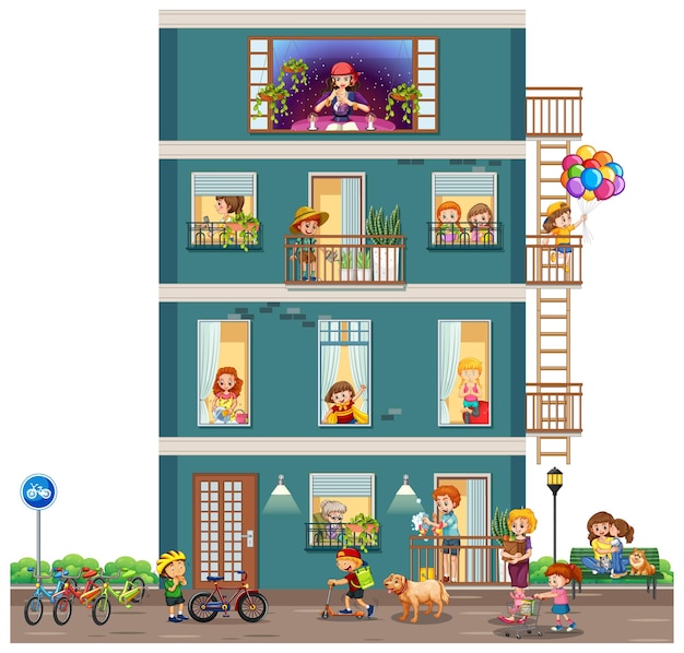 Apartment windows with neighbors cartoon character