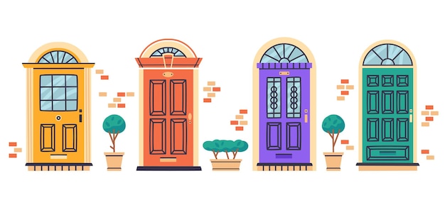 Apartments or house entrances cartoon doors residential building doorways vector illustration set