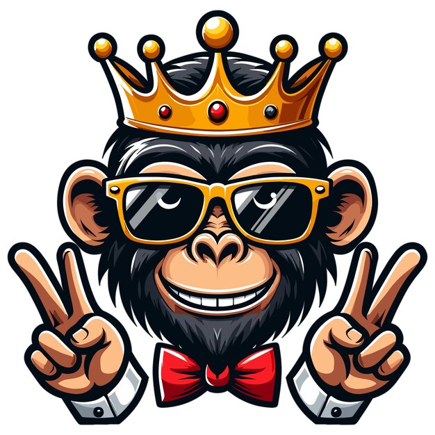Vettore cartone animato di mascotte scimmia con corona e occhiali da sole illustrazione vettoriale su sfondo bianco