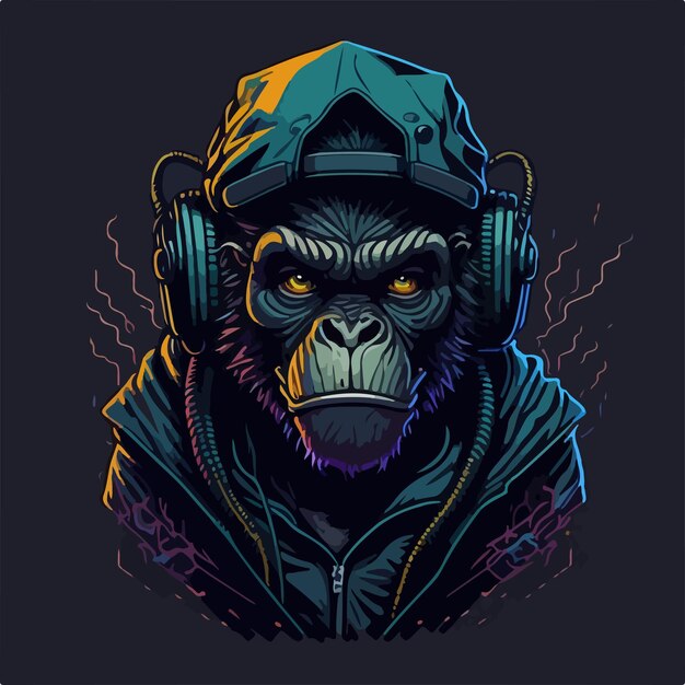 An ape rapper in action headphones on and surrounded by a colorful hiphop world