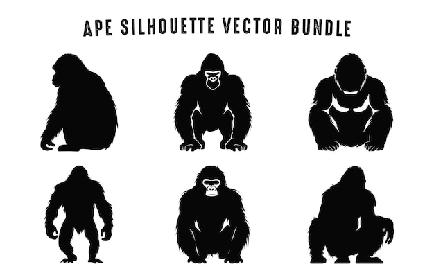 Силуэт обезьяны вектор черный Clipart Set Силуэты обезьян шимпанзе