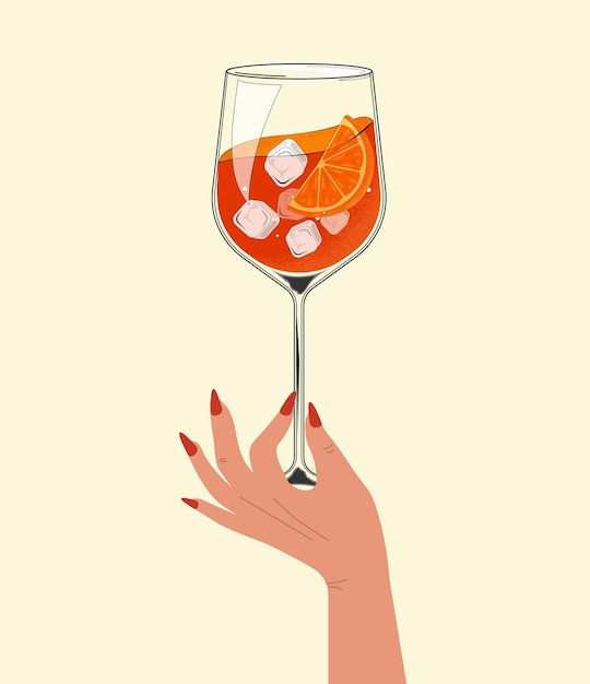 Aperol spritz коктейль в стакане с рукой ручно извлеченный алкогольный напиток с оранжевым кусочком