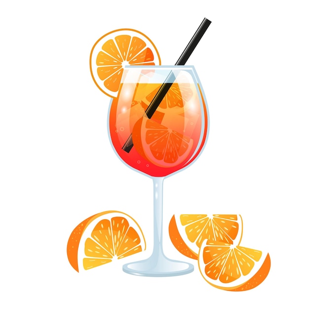 Vettore aperol spritz cocktail con cubetti di ghiaccio di paglia e fette di arance bevanda estiva succo di limonata