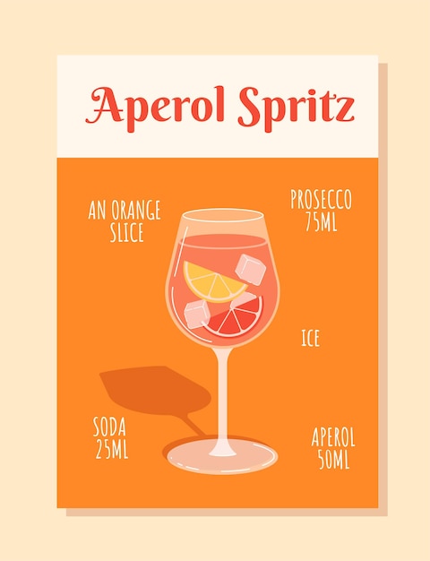 Концепция ингредиентов Aperol spritz, ломтик апельсина, сода просекко и плакат со льдом Aperol с коктейлем в