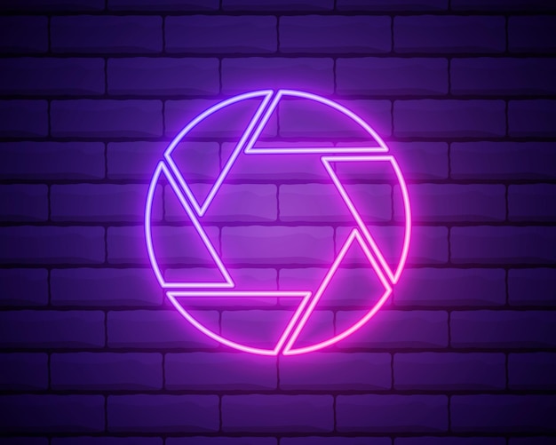 Aperture sign neon icon photo and video concept vector illustration of a sign for design website decoration online store isolated on brick wall