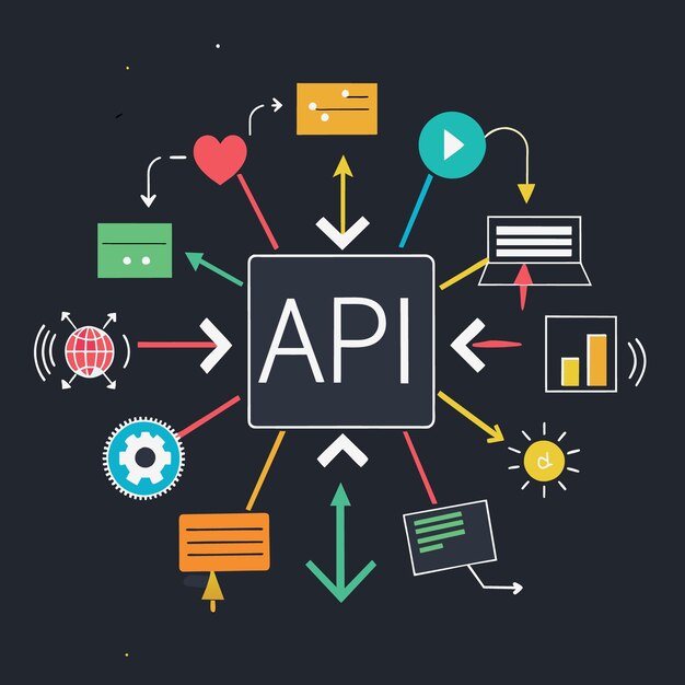 애플리케이션 프로그래밍 인터페이스 (API) 개념은 API라는 단어를 가리키는 다채로운 화살표입니다.