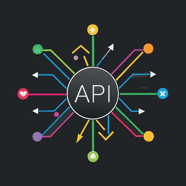 Концепция интерфейса прикладного программирования API многоцветные стрелки, указывающие на слово API на