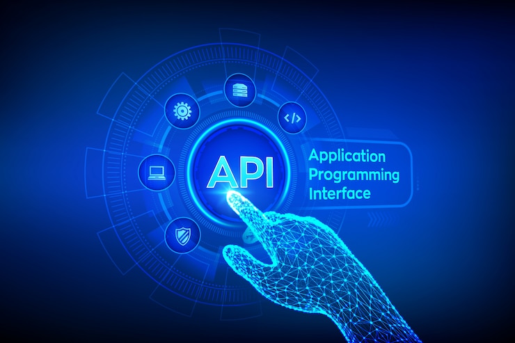 Vector api. application programming interface concept on virtual screen. robotic hand touching digital interface.