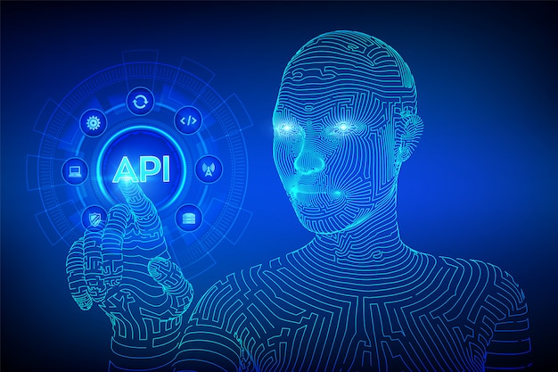 Api. concetto di interfaccia di programmazione dell'applicazione sullo schermo virtuale. interfaccia digitale commovente della mano del cyborg di wireframed.