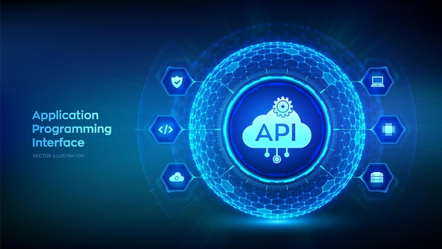 六角形のグリッド パターンを持つ球の形をした api アプリケーション プログラミング インターフェイス ソフトウェア開発ツール クラウド コンピューティング情報技術とビジネス コンセプト ベクトル図
