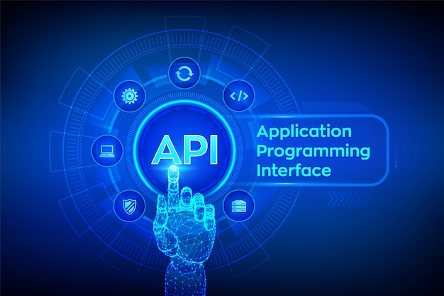 Api。アプリケーションプログラミングインターフェイス。デジタルインターフェイスに触れるロボットの手。