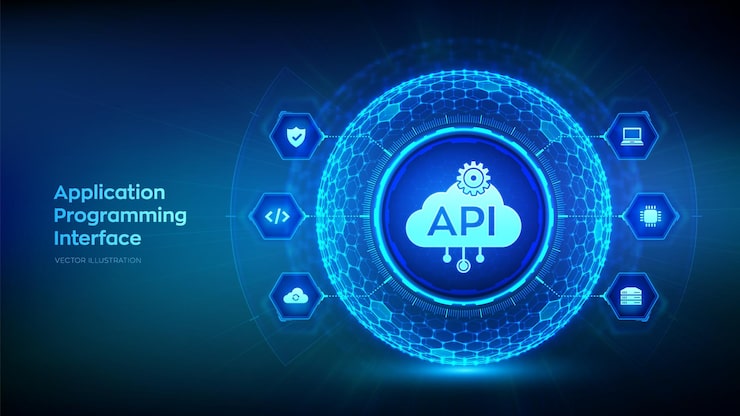 Vector api 應用程式編程界面以六角格格圖案的球形狀軟件開發工具雲端計算信息技術和商業概念矢量插圖