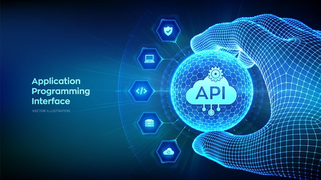 API Application Programming Interface in the shape of sphere with hexagon pattern in wireframe hand Software development tool information technology and business concept Vector illustration