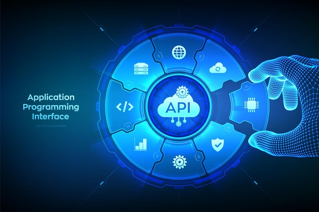 应用程序编程接口 API 软件开发工具云计算技术概念 Wireframe 手放置一个元素到一个组合中可视化 API 矢量插图