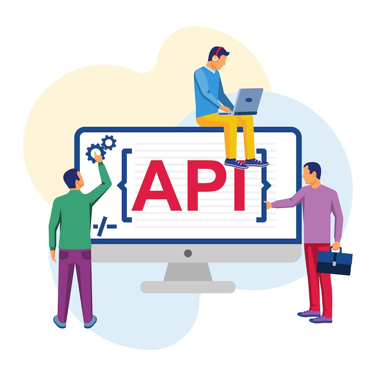 वेक्टर api concept. api as a symbol of the finished code. group of professional programmers are working on the program. vector illustration flat design. isolated on white background.