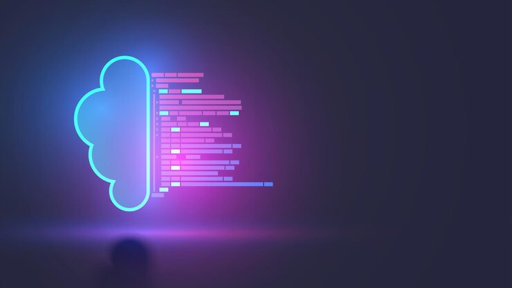 Vector api concept cloud repository for team work of software development program text comes in the neon icon of digital cloud storage application programming interface shared access and cloud computing