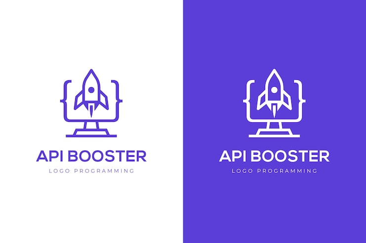 Vector api rocket logo icons code combined computer and rocket launch symbol for programming technology tech startups development teams coding bootcamps or software service companies