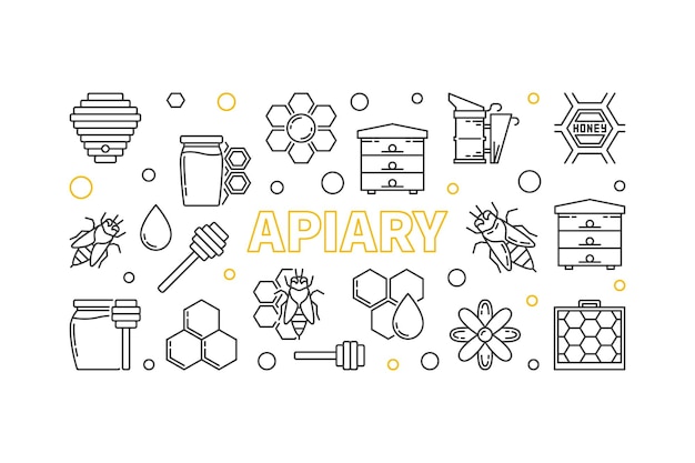 Vector apiary and beekeeping vector outline horizontal illustration