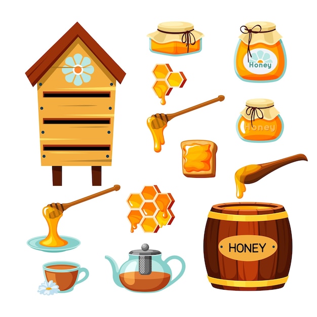 Apiary honey bee wax comb natural healthy eco products from apiary farm vector concept illustrations in cartoon style