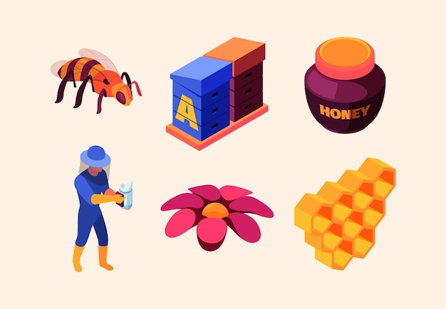 Apiary isometric Honey farm and accessories flowers bees keeping customers honeycomb garish vector 3d illustrations set