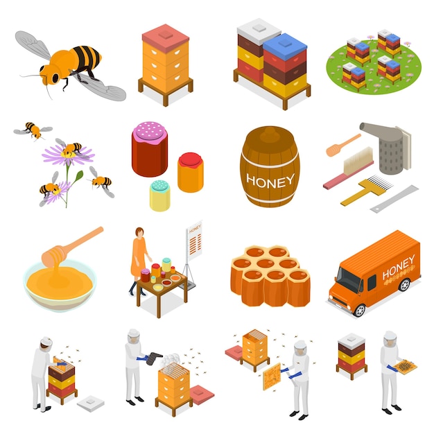 Vector apiary sign 3d icon set isometric view include of honeycomb bee beekeeper and honey vector illustration of icons