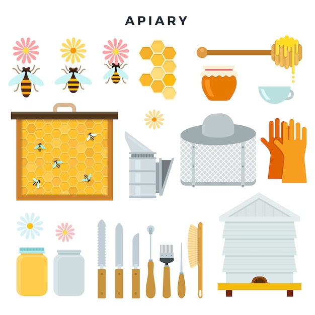 Vector apiary tools and equipment, set of icons. everything for beekeeping. vector illustration in flat style.