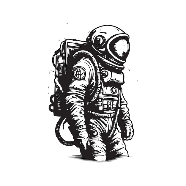 Apocalyptic astronaut vintage logo concept black and white color hand drawn illustration