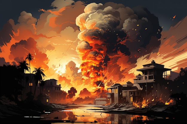 Apocalyptic scenery with sunset over ruined city digital illustration