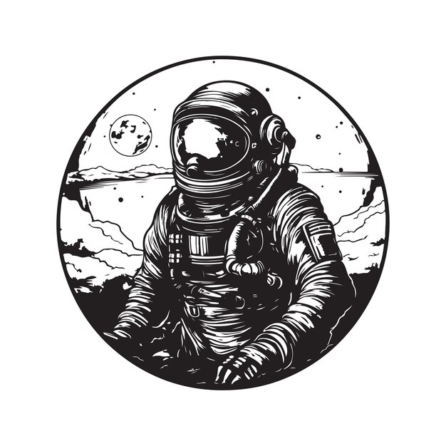 Apocalyptische astronaut vintage logo concept zwart-witte kleur hand getekende illustratie