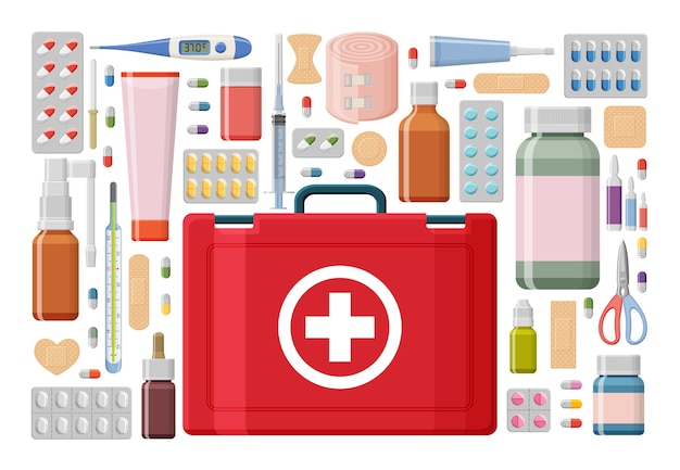 Vector apotheek achtergrond. medische ehbo-doos met verschillende pillen, gips, flessen en thermometer, spuit.