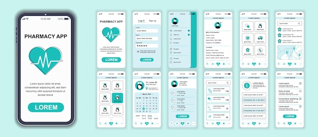 Apotheek mobiele app interface schermen sjabloon set Account login kliniek diensten bezoek arts kalender medicijnen winkel bestellen Pack van UI UX GUI kit voor toepassing web layout Vector ontwerp