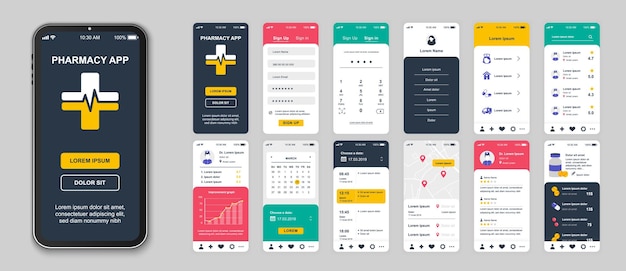 Apotheek mobiele app-schermen ingesteld voor websjablonen Pack van login online diagnostisch recept bestellen medicijnen volgen en andere mockups UI UX GUI gebruikersinterfacekit voor lay-outs Vectorontwerp