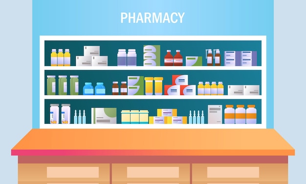 Apotheekbinnenland met teller en drug op plankenillustratie