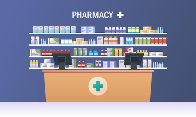 Apotheekbinnenland met teller en drug op plankenillustratie