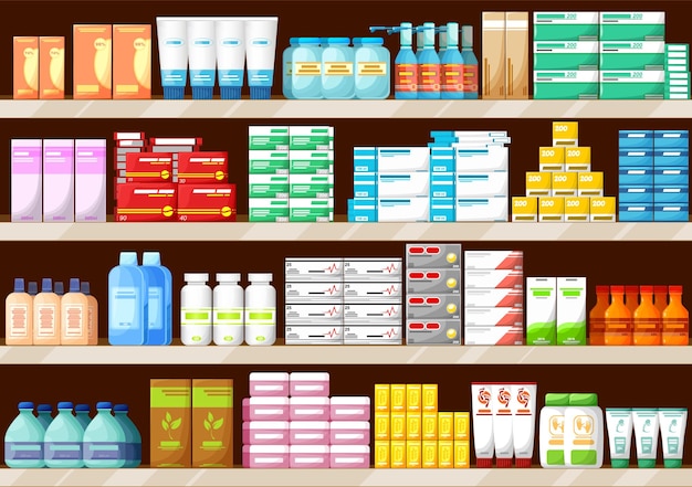 Vector apotheekplanken met medicijnen, flessen en pillen, farmaceutische winkel interieur vector achtergrond. apotheek drogisterij plank of apotheker winkel toonbank display met pillen en vitamines in dozen