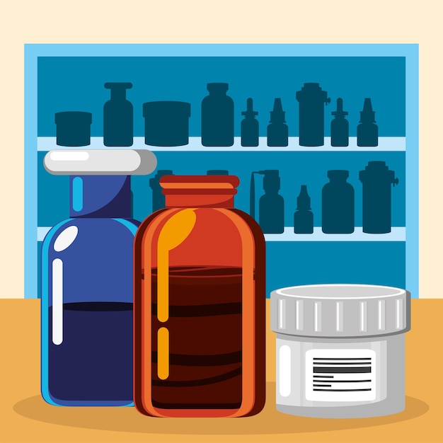 Apotheekplanken met medicijnen verschillende flessen