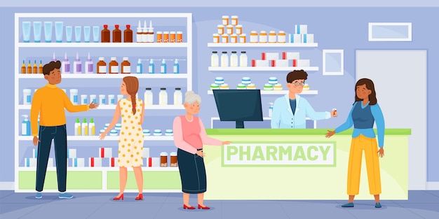 Vector apotheekwinkel met klanten apotheker die patiënt raadpleegt mensen die drugsdrogisterij kopen met medicijnen op planken vectorillustratie