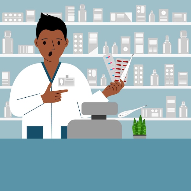 Apotheker bij de apotheek achter de toonbank een mannelijke apotheker houdt medicijnen in zijn hand