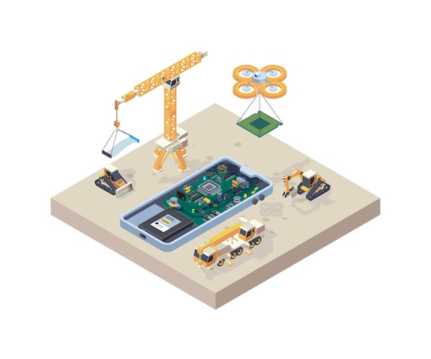 Costruzione di app. micro schema del computer del camion della gru per i dispositivi smartphone riparare il concetto isometrico di costruzione del telefono.