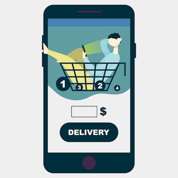 App delivery guy sits in basket and chooses what to order over the phoneConcept online shopping