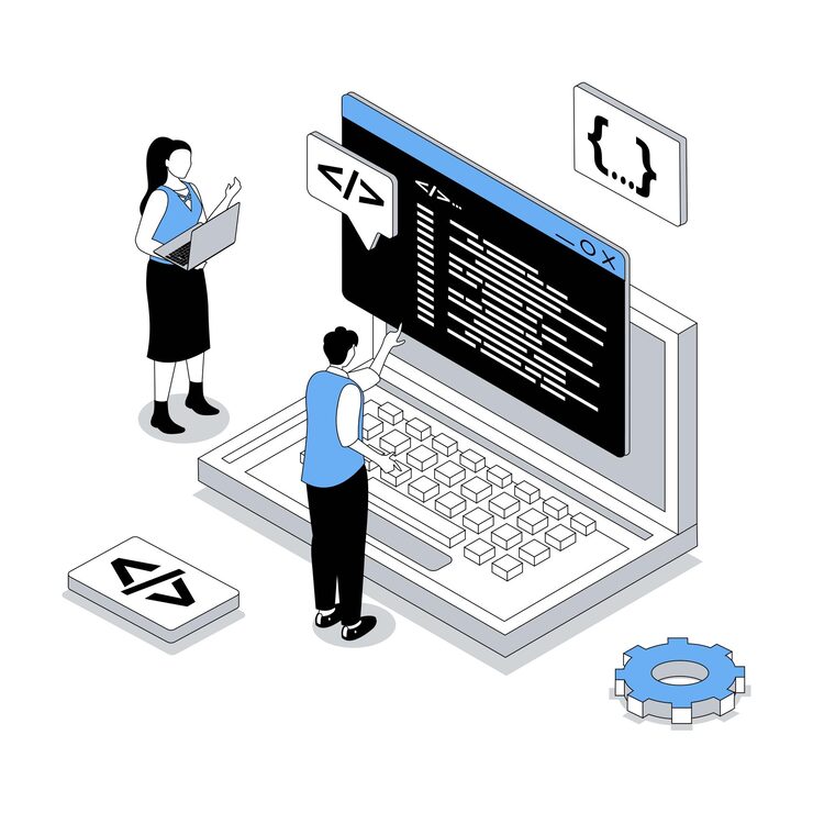 Vector app development 3d isometric concept with isometry people design for web developer team programming of interface wireframe layout coding and fixing code making optimization vector illustration