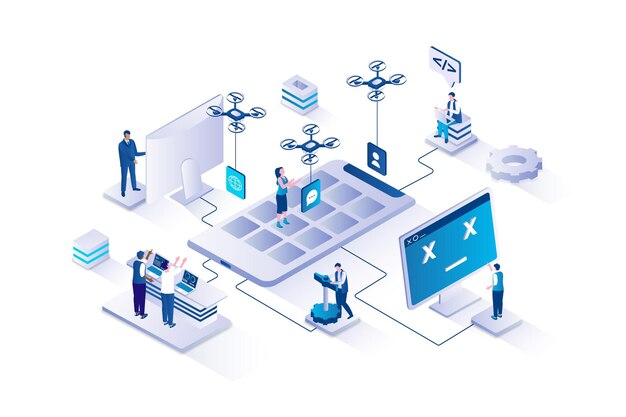 App development 3d isometric concept with isometry people design for web Developers team creating mobile application at screen and building interface with programs buttons Vector illustration