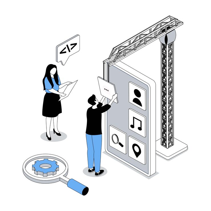 Vector app development 3d isometric concept with isometry people design for web team creating mobile interface placing applications buttons on screen working with digital content vector illustration